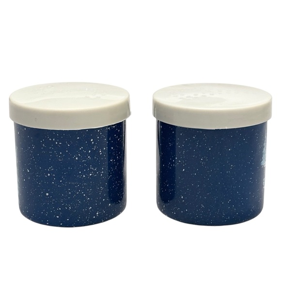 VTG Claim 49 Hand Painted Alaska Scene Blue Enamelware Salt & Pepper Shakers - Picture 6 of 10